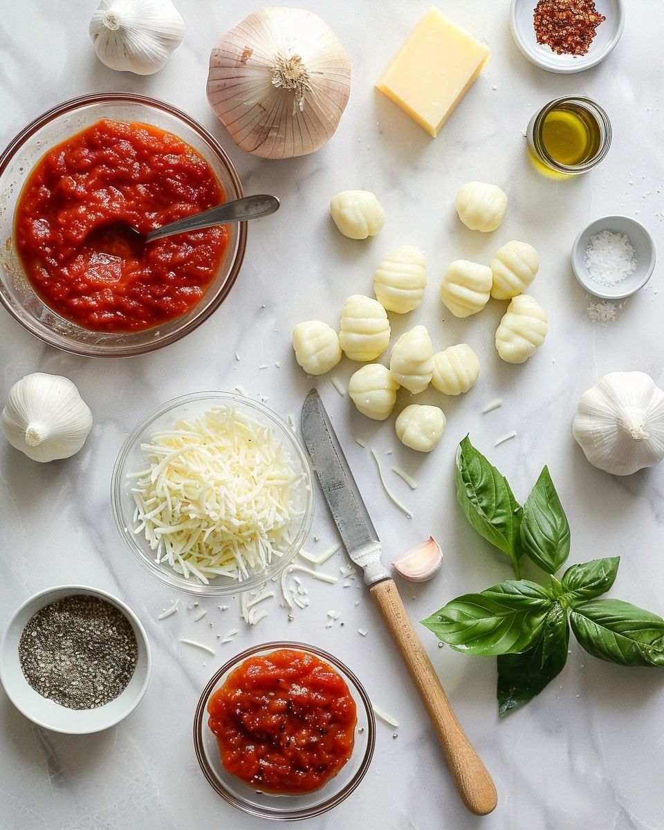 Single white plate showcasing one portion of baked gnocchi in rich tomato sauce, with golden-browned melted cheese and dollops of creamy ricotta visible on top, fresh basil leaves scattered for garnish, the sauce coating soft, pillowy gnocchi pieces with a slight crust on edges, close-up angled view revealing the texture contrast between tender gnocchi and bubbly cheese, placed on white marble surface under natural lighting, styled like a food blog serving ready to eat, photo taken with an iphone --ar 4:5 --v 7