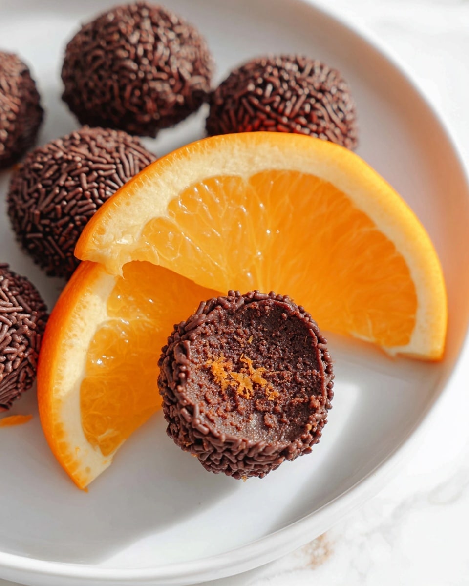 White round serving plate piled high with a complete batch of chocolate truffles coated in fine chocolate sprinkles, arranged neatly in the center, surrounded evenly by fresh orange wedges for a vibrant contrast, photographed from a 3/4 angle with natural lighting on a white marble surface, styled as a professional food magazine hero shot, photo taken with an iphone --ar 4:5 --v 7