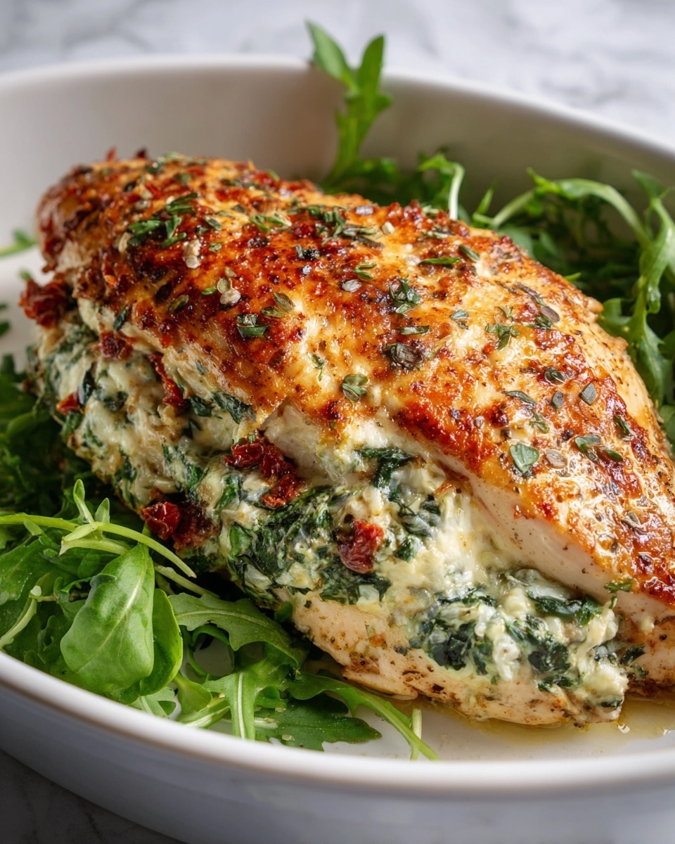 Large white baking dish filled with a whole golden-brown chicken breast stuffed generously with creamy spinach, sun-dried tomatoes, and melted cheese, showing the entire uncut breast glistening with herbs and seasoning, accompanied by fresh green arugula on the side, professional 3/4 angle shot on a white marble countertop with natural lighting, styled like a hero food magazine photo, photo taken with an iphone --ar 4:5 --v 7