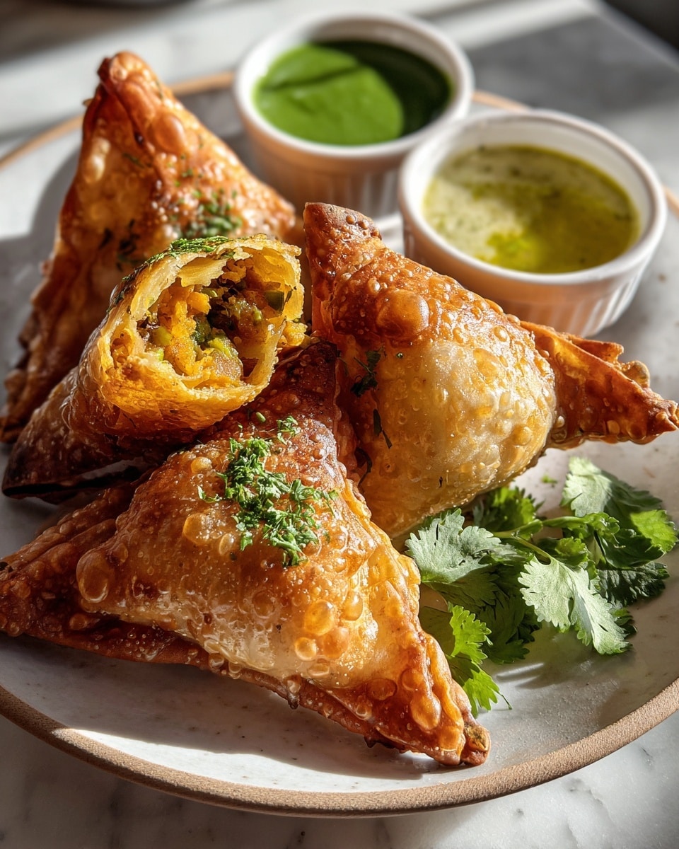 Large white rectangular platter filled with an entire batch of golden-brown, crispy fried samosas, each perfectly puffed and textured with bubbly, crunchy crusts, garnished with scattered fresh cilantro leaves, accompanied by three small white bowls of vibrant green chutneys placed alongside, whole dish beautifully arranged and photographed at a 3/4 angle on a white marble countertop, natural lighting highlighting the rich colors and textures, professional food magazine hero shot photo taken with an iphone --ar 4:5 --v 7
