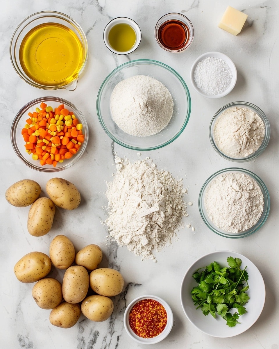Single white plate showcasing a single crispy golden-brown samosa with perfectly flaky, bubbled pastry, broken open to reveal a vibrant, spiced potato and pea filling inside, garnished with fresh green cilantro leaves beside the samosa, accompanied by two dipping sauces in small white ramekins – one bright green spicy chutney and one light yellow tangy sauce, placed on a white marble surface, natural lighting highlighting the textures and layers of the samosa, intimate plated serving photo taken with an iphone --ar 4:5 --v 7