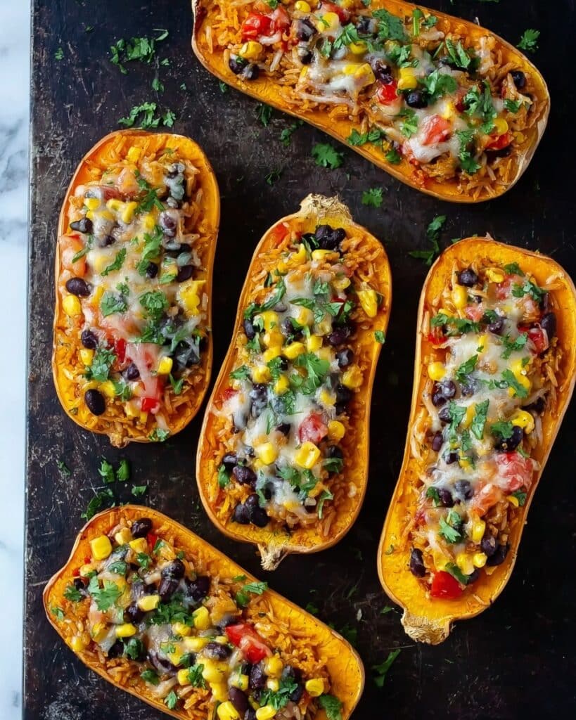 Stuffed Butternut Squash with Black Bean, Salsa, and Cheddar Recipe