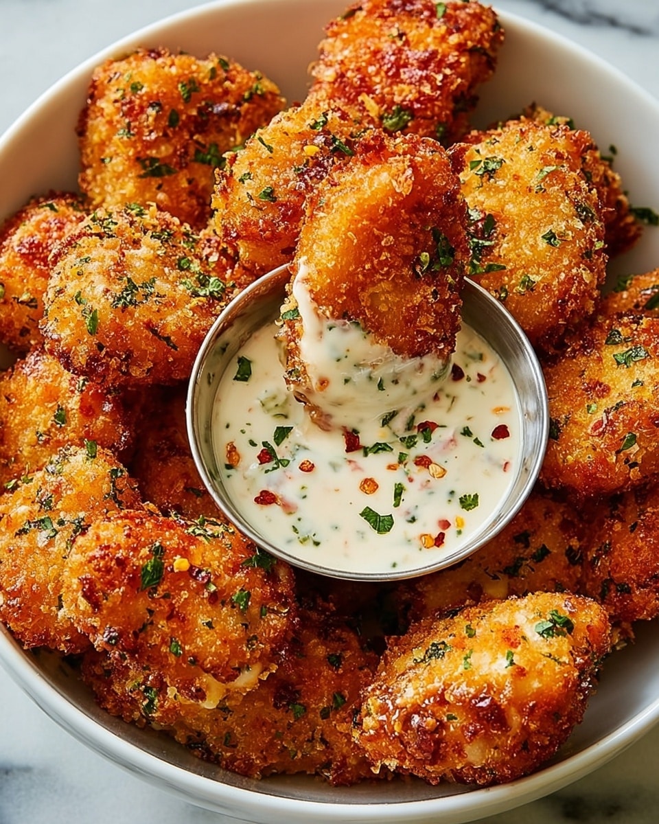 Large white bowl filled to the brim with golden, crispy, breaded chicken nuggets evenly coated with finely chopped parsley, arranged around a central stainless steel dipping cup overflowing with creamy, herb-speckled ranch sauce with visible red pepper flakes, presented in a professional overhead view on a white marble surface with natural lighting, styled as a hero shot from a food magazine, photo taken with an iphone --ar 4:5 --v 7