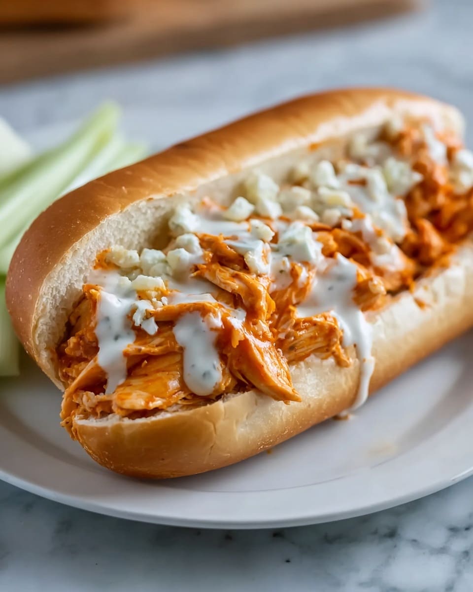 Two large white sandwich rolls filled generously with tender shredded buffalo chicken, drizzled with creamy ranch and spicy buffalo sauce, layered with crisp celery sticks, arranged side by side on a white marble countertop, whole sandwiches shown in a professional 3/4 angle hero shot with natural lighting, food magazine style photo taken with an iphone --ar 4:5 --v 7