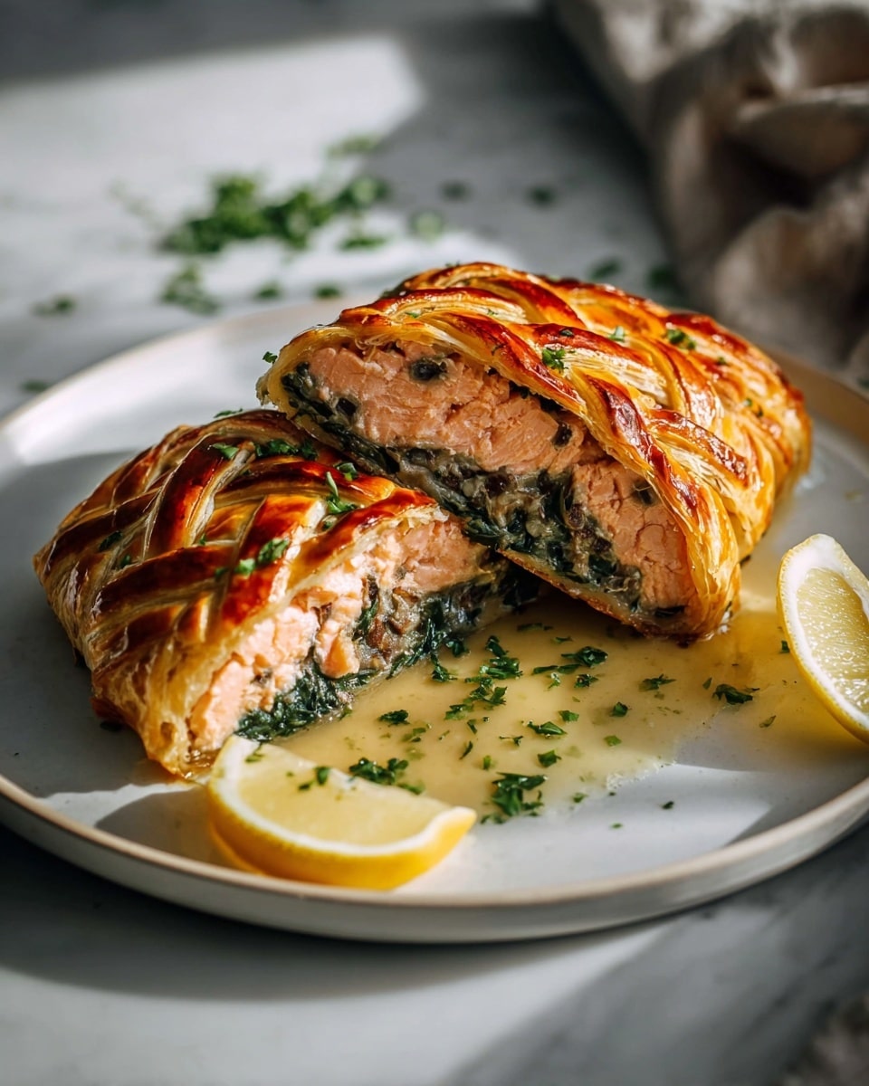 An entire golden-brown salmon Wellington resting on a rustic wooden cutting board, featuring its intricately lattice-patterned puff pastry crust shining with a perfect glaze. The whole pastry encases a succulent salmon fillet layered with vibrant green spinach and creamy filling, presented uncut to showcase the full impressive shape and texture of the dish. Surrounding the Wellington are fresh dill sprigs and lemon wedges adding bright accents, all set on a clean white marble countertop with natural lighting casting soft shadows, styled like a high-end food magazine hero shot. Photo taken with an iphone --ar 4:5 --v 7