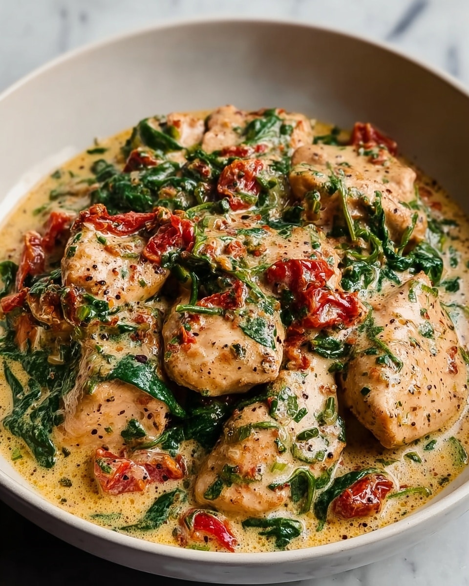 Large black skillet filled with whole chicken thighs simmering in a creamy sauce with vibrant fresh spinach leaves and halved cherry tomatoes, garnished with finely chopped herbs and cracked black pepper, the sauce richly coating the chicken and vegetables, captured from a 3/4 angle on a white marble countertop with natural lighting, professional food magazine hero shot photo taken with an iphone --ar 4:5 --v 7