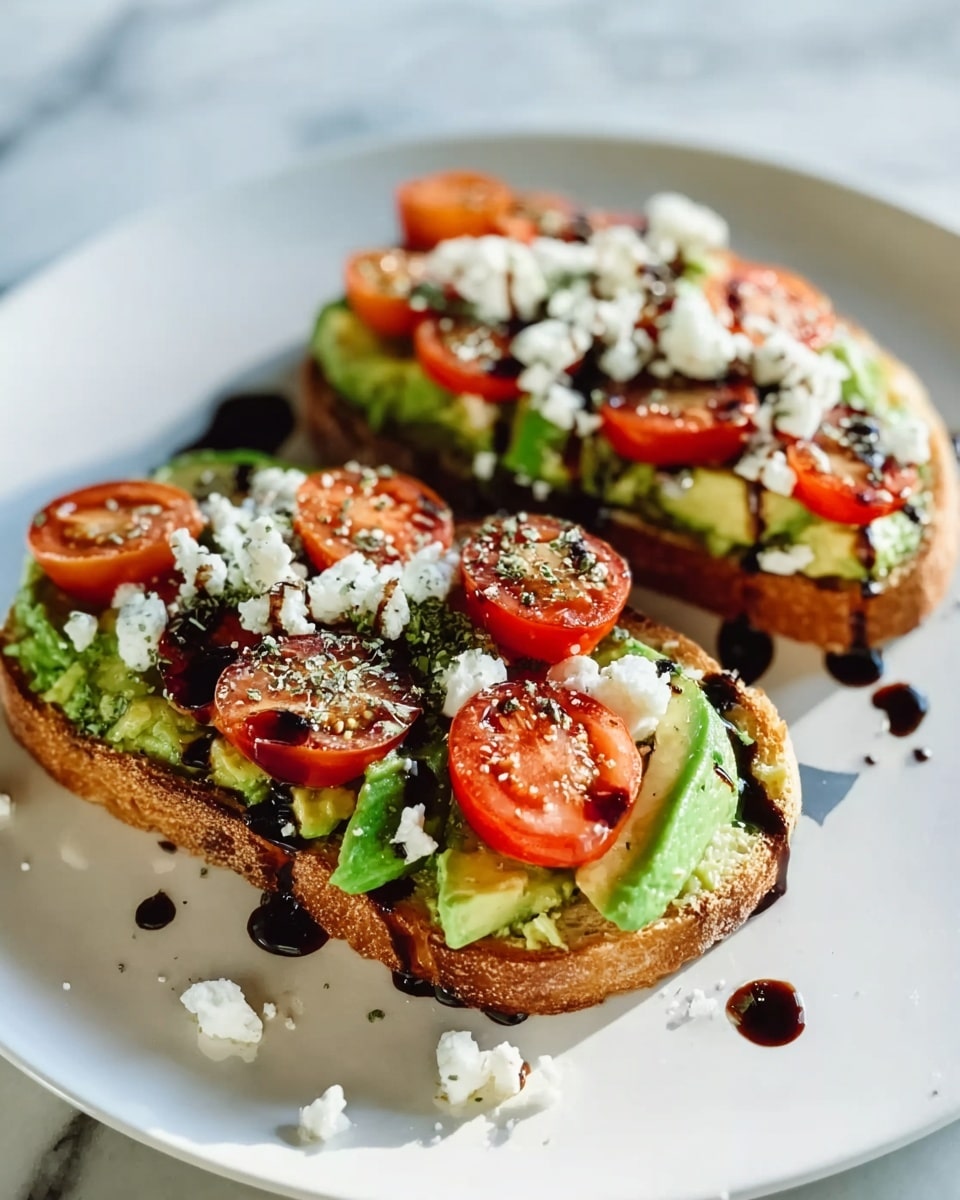 Two slices of rustic sourdough bread on a large white plate, each generously topped with creamy smashed avocado spread, vibrant halved cherry tomatoes, and crumbled feta cheese, drizzled artfully with a glossy balsamic reduction and sprinkled with freshly ground black pepper, photographed from a 3/4 angle with natural light on a white marble background, professional food styling photo taken with an iphone --ar 4:5 --v 7