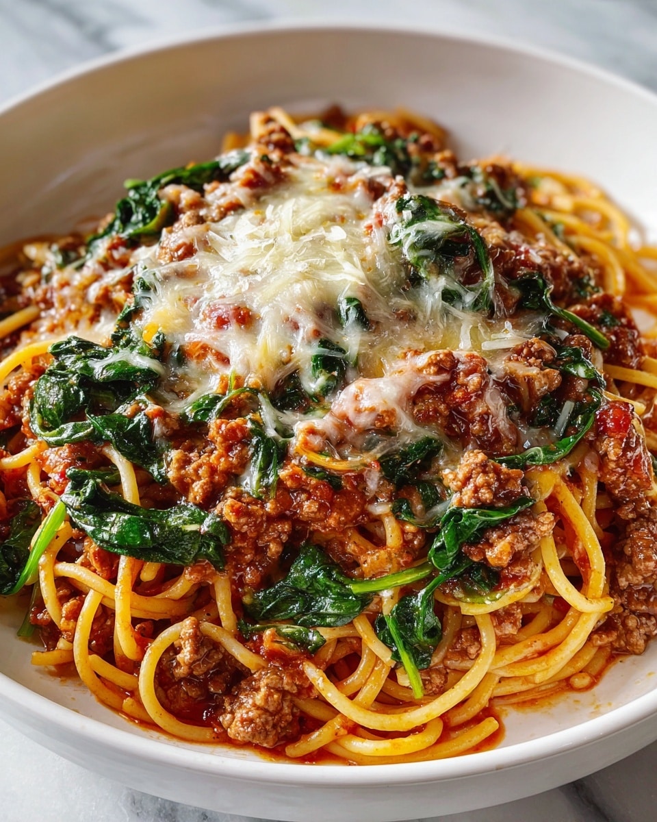 Large white serving bowl filled with a generous portion of spaghetti bolognese topped with melted cheese, rich meat sauce with browned ground beef, and sautéed spinach, all visible in a full, hearty serving that fills the bowl, glistening fresh tomato sauce beneath the pasta, whole dish photographed from a 3/4 angle on a white marble countertop with natural light, professional food magazine hero shot photo taken with an iphone --ar 4:5 --v 7