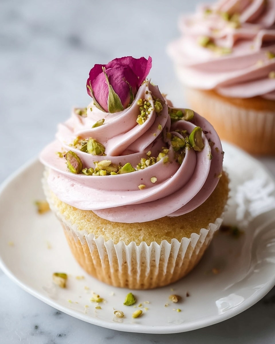 A large white serving platter presenting a full batch of beautifully frosted cupcakes, each with delicate swirls of light pink frosting topped with finely chopped pistachios and a single soft pink rose petal, arranged neatly to showcase a complete collection of these elegant treats, photographed from a 3/4 angle on a pristine white marble background with natural lighting, styled as a professional food magazine hero shot, photo taken with an iphone --ar 4:5 --v 7