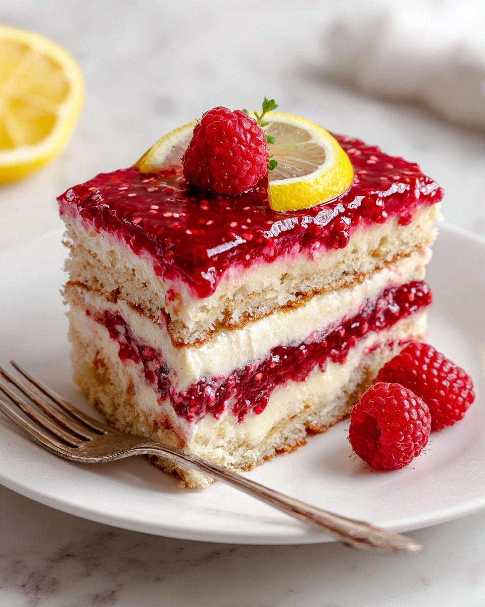 White rectangular Staub baking dish filled with a whole vibrant raspberry lemon dessert topped evenly with a glossy, textured raspberry glaze, garnished with fresh whole raspberries and thin lemon slices on one corner, placed on a white marble countertop with natural lighting, styled as a professional food magazine hero shot, photo taken with an iphone --ar 4:5 --v 7