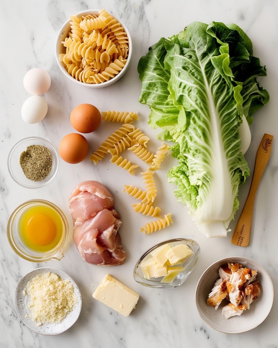 Single white plate featuring a close-up serving of creamy rotini pasta salad mixed with crisp romaine lettuce, golden crunchy croutons, tender chunks of grilled chicken, and thin shavings of Parmesan cheese, all lightly coated in a rich Caesar dressing with a dusting of black pepper visible on top, angled to reveal texture and freshness, placed on a white marble surface with natural lighting, intimate plated serving photo taken with an iphone --ar 4:5 --v 7