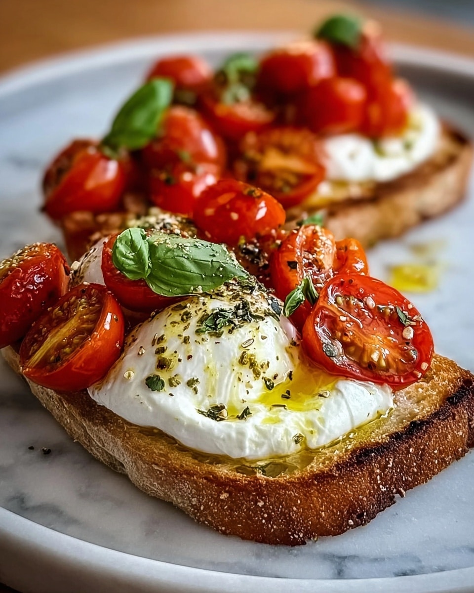 Two large white plates each holding a whole serving of rustic bruschetta on toasted artisanal bread slices, generously topped with creamy fresh burrata cheese, vibrant halved cherry tomatoes, bright green basil leaves, and a drizzle of golden olive oil sprinkled with cracked black pepper and Italian herbs, all arranged on a white marble surface under natural lighting, captured in a professional 3/4 angle hero shot, photo taken with an iphone --ar 4:5 --v 7