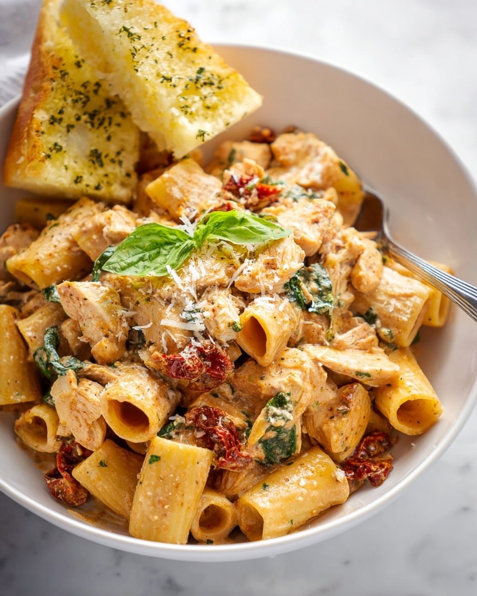 Large white bowl filled with creamy rigatoni pasta tossed with vibrant sun-dried tomatoes, fresh spinach leaves, and grated parmesan cheese, garnished with lemon wedges and served alongside warm, herb-seasoned focaccia bread pieces, whole dish captured in a professional 3/4 angle shot on a white marble background with natural lighting, styled like a hero food magazine photo taken with an iphone --ar 4:5 --v 7