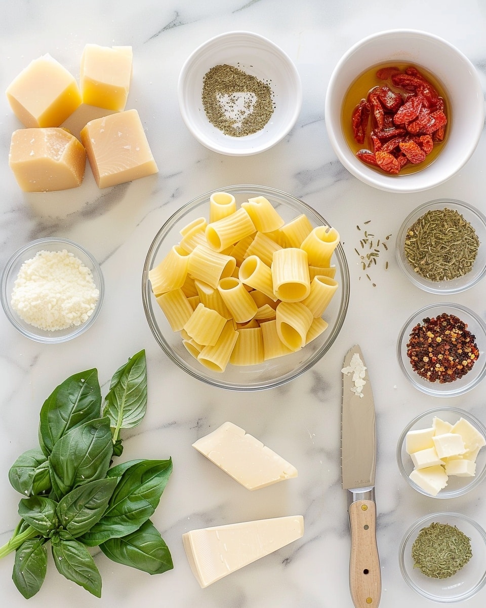 Single white bowl with a generous serving of creamy rigatoni pasta tossed with sun-dried tomatoes and fresh spinach, visible chunks of tender chicken mixed in, garnished with grated parmesan and a fresh basil leaf on top, two pieces of herb-seasoned garlic bread resting on the side, close-up angled shot capturing the glossy sauce coating the pasta tubes, steam lightly rising, plated on a white marble surface with natural lighting, styled as a ready-to-eat portion photo taken with an iphone --ar 4:5 --v 7