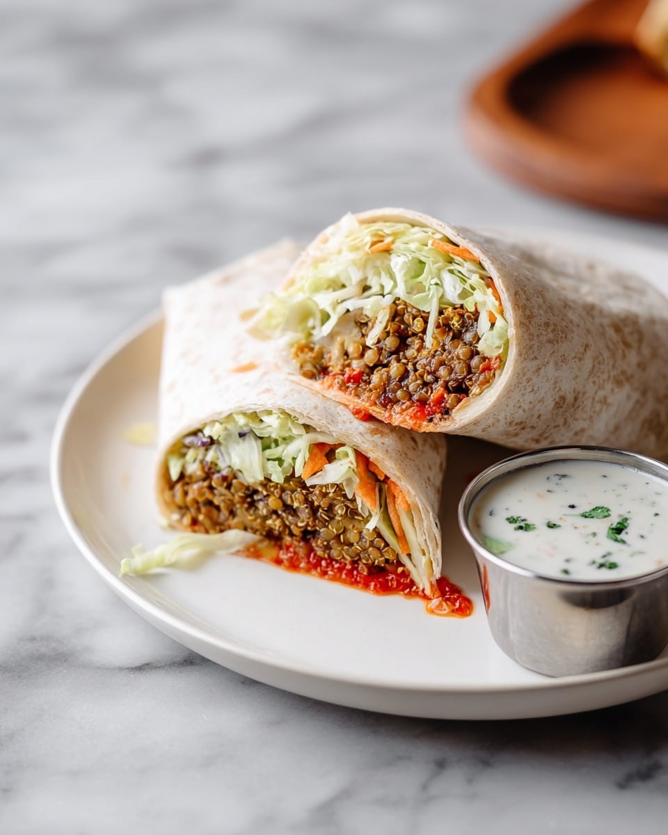 Large white plate showcasing two whole, uncut soft flatbreads filled generously with lentil and quinoa patties, fresh shredded cabbage, and rich red sauce, accompanied by small stainless steel ramekins of creamy white dressing and vibrant red chutney, styled on a white marble surface with natural light, professional food magazine hero shot, photo taken with an iphone --ar 4:5 --v 7