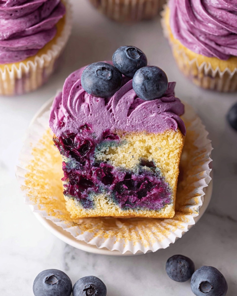 A white rectangular platter filled with a dozen blueberry cupcakes, each topped with generous swirls of rich purple blueberry frosting and adorned with fresh whole blueberries, the cupcakes featuring moist golden cake with visible blueberry bits inside, all arranged neatly on a white marble surface with natural lighting to enhance the vibrant colors, professional 3/4 angle food magazine style photo taken with an iphone --ar 4:5 --v 7