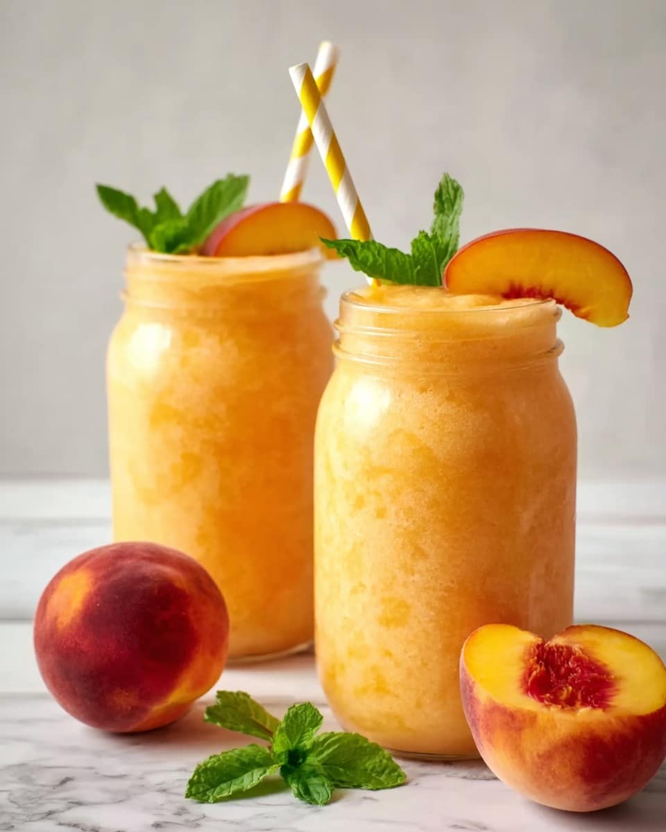 Two tall, white glass jars filled with fully blended peach smoothies, topped with fresh peach slices and mint leaves as garnish, each with a yellow-and-white striped straw, all set on a clean white marble surface, natural light emphasizing the vibrant orange color and smooth texture, professional 3/4 angle hero shot showing the complete set of two smoothie jars together, photo taken with an iphone --ar 4:5 --v 7