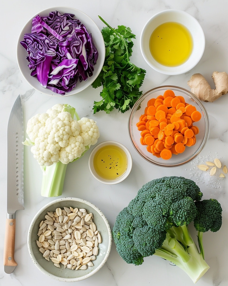 Single white bowl with a vibrant mixed vegetable salad featuring finely chopped broccoli, cauliflower, shredded carrot, red cabbage, celery, and chopped almonds, close-up angle showing the fresh textures and colorful layers of the vegetables, accompanied by a small white dish of roughly chopped almonds and a small rustic bowl of tangy dressing in the background, all placed on a white marble surface with natural lighting, styled as a fresh, healthy single serving photo taken with an iphone --ar 4:5 --v 7