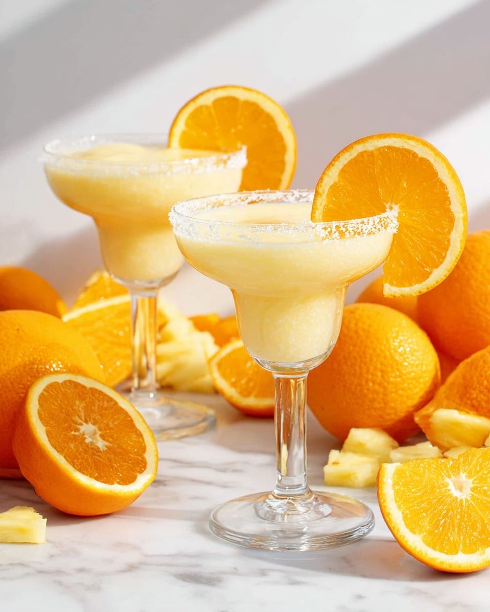 Two elegant white margarita glasses filled with creamy orange-pineapple cocktails, each garnished with a fresh orange slice on the rim, surrounded by a generous arrangement of whole and halved vibrant oranges and chunks of fresh pineapple pieces on a pristine white marble countertop, natural sunlight highlighting the fresh citrus colors in a professional food magazine hero shot, photo taken with an iphone --ar 4:5 --v 7