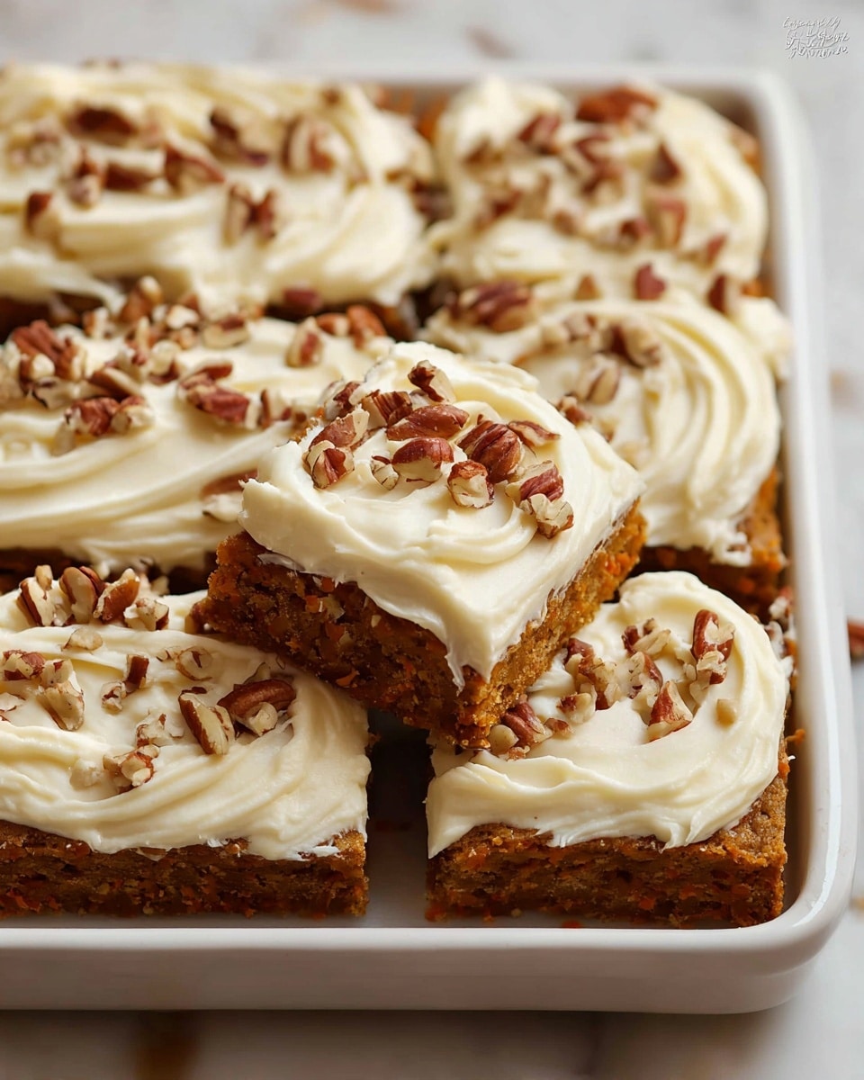 Full white rectangular baking dish filled with freshly baked carrot cake bars topped with generous swirls of creamy white frosting and evenly sprinkled with chopped pecans, whole dish presented on a white marble countertop, natural lighting highlighting the moist texture of the cake and the rich creaminess of the frosting, professional overhead food magazine style photo taken with an iphone --ar 4:5 --v 7