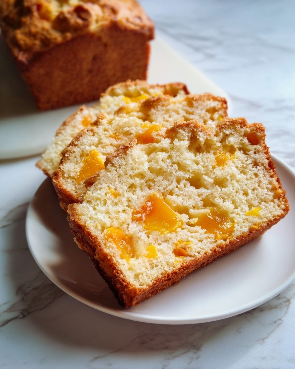 Whole loaf of golden peach bread, freshly baked with a slightly cracked top crust revealing soft, moist cake studded with abundant chunks of ripe yellow peaches, presented on a pristine white surface, photographed from a professional 3/4 angle with natural lighting on a white marble background, hero food magazine style photo taken with an iphone --ar 4:5 --v 7