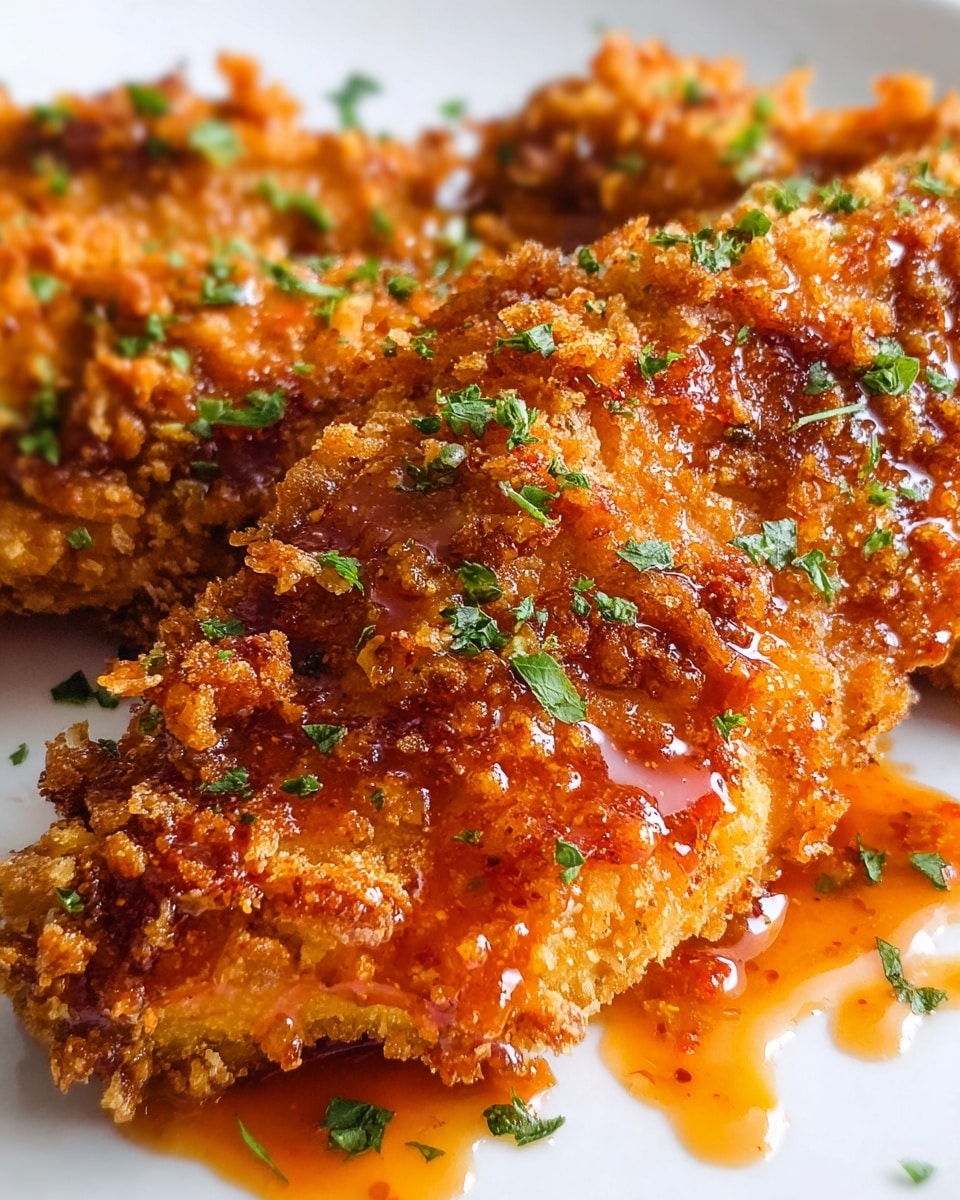 White rectangular serving platter filled with multiple pieces of crispy fried chicken tenders generously coated in a crunchy seasoned crust, all drizzled with a vibrant spicy orange sauce and garnished with fresh green parsley leaves, arranged beautifully to showcase the full dish, photographed from a 3/4 angle on a white marble countertop with natural lighting, professional food magazine style photo taken with an iphone --ar 4:5 --v 7