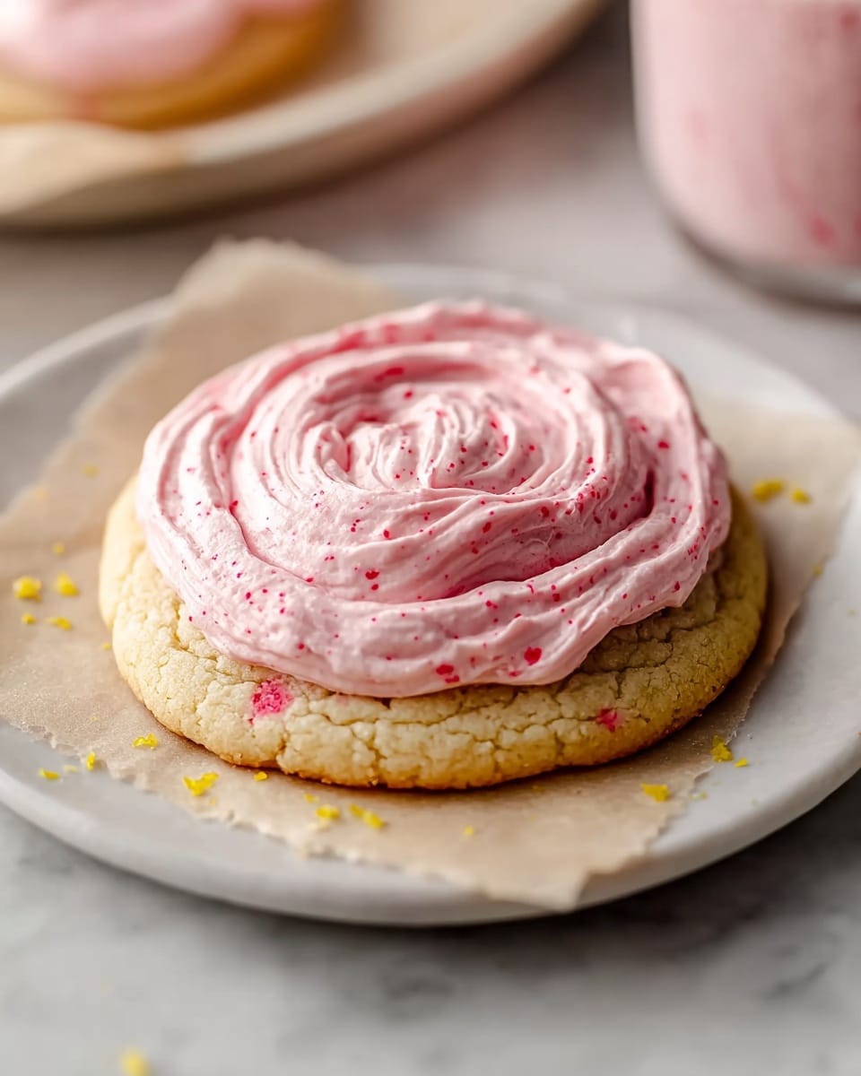 A white marble countertop featuring a full batch of soft sugar cookies arranged neatly on crinkled parchment paper, each crowned with generous swirls of pale pink frosting speckled with tiny red bits, a small clear bowl of fresh lemon zest and additional zest scattered artfully around the cookies, evoking a fresh and vibrant dessert spread, professional overhead food photography with natural lighting, whole dish in frame photo taken with an iphone --ar 4:5 --v 7