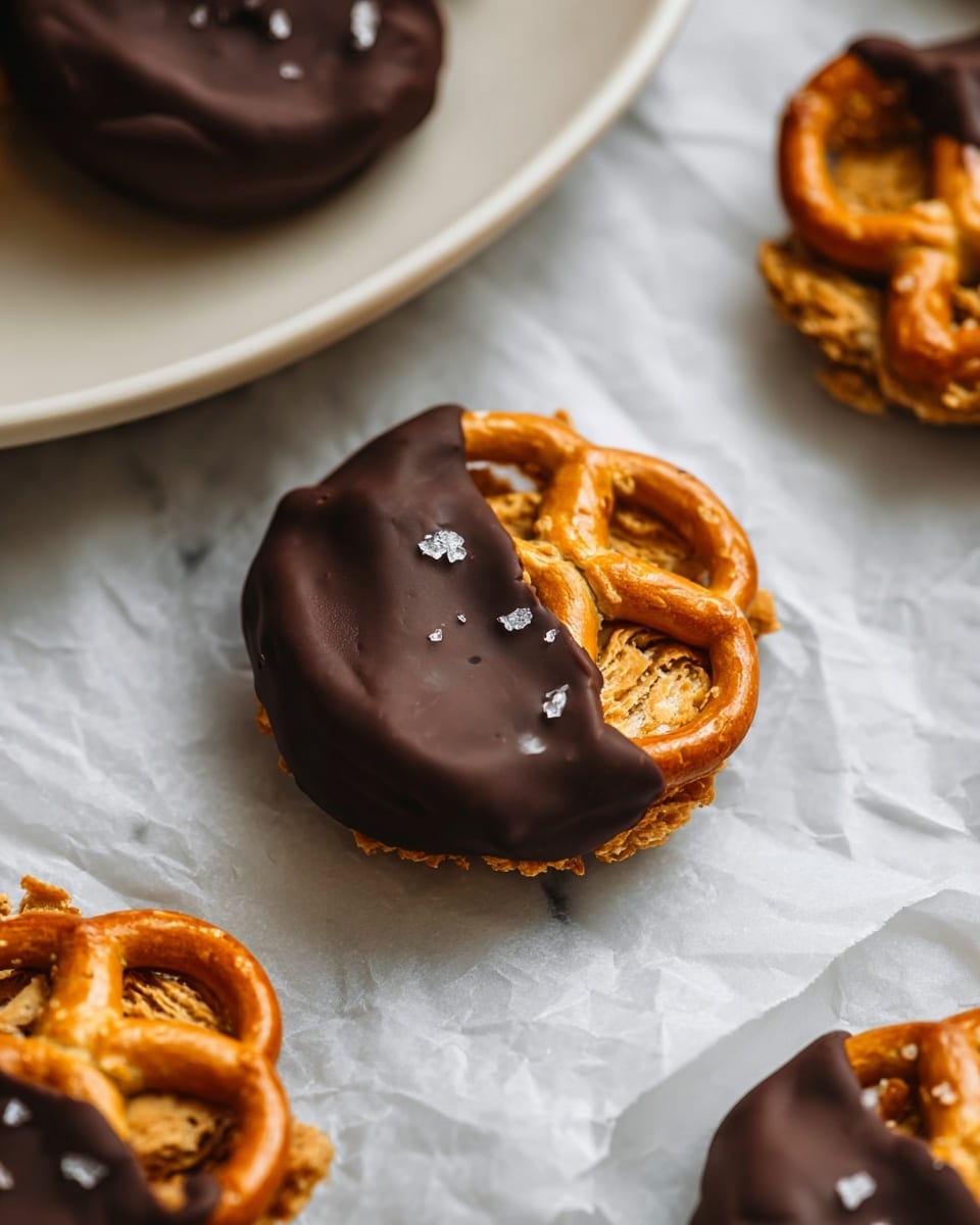 A large white bowl filled with multiple chocolate-dipped peanut butter pretzel bites, each pretzel encasing a peanut butter center and half coated in smooth dark chocolate, arranged invitingly on crinkled white parchment paper, photographed from a 3/4 angle on a white marble countertop with natural lighting, professional food styling photo taken with an iphone --ar 4:5 --v 7
