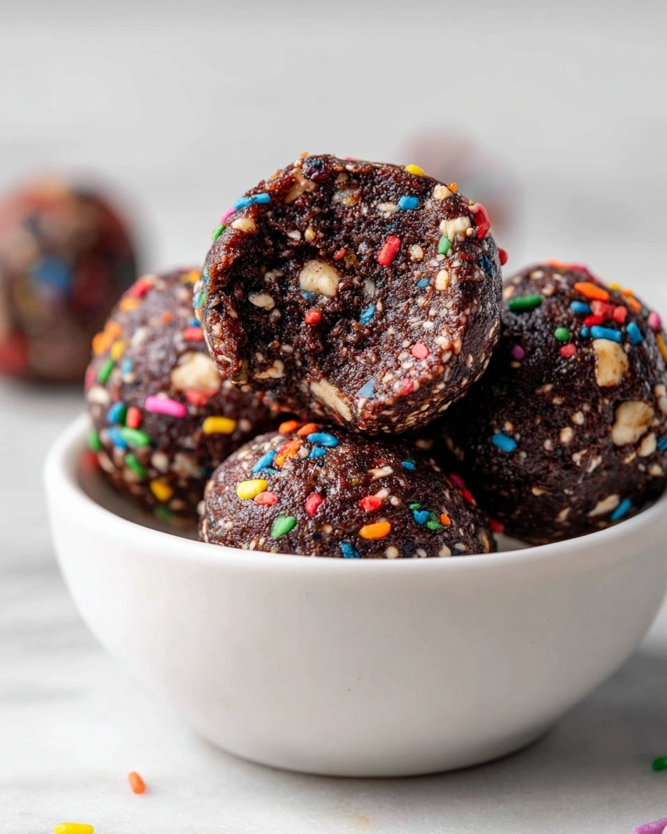 Large white bowl filled with multiple rich chocolate energy balls with colorful rainbow sprinkles scattered throughout, showing the full batch of round treats with visible nut and oat bits, placed on a white marble countertop with natural light highlighting the texture and colors, professional 3/4 angle food photography, photo taken with an iphone --ar 4:5 --v 7