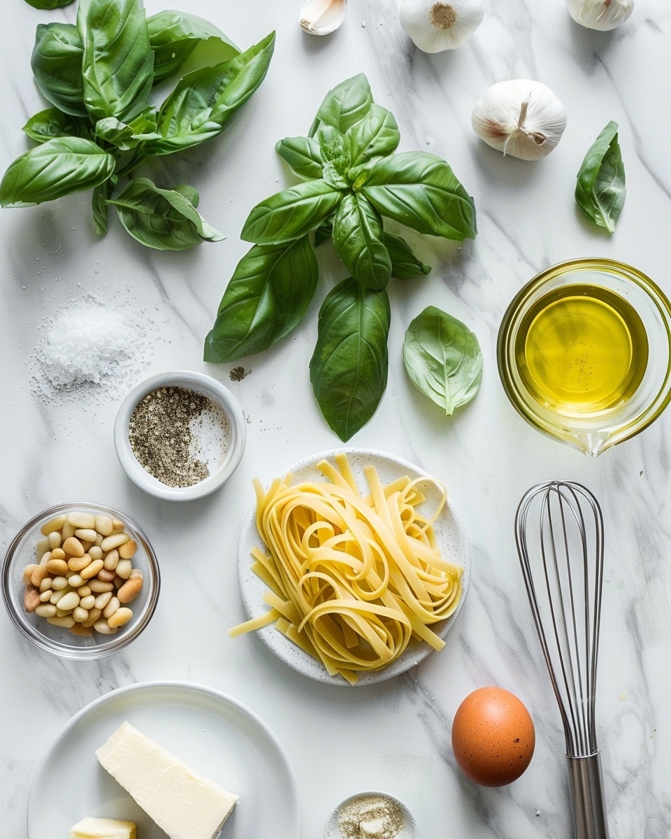Single white plate presenting one serving of creamy pesto fettuccine pasta elegantly twirled into a neat mound, the thick sauce richly coating each flat noodle, flecked with finely chopped basil and red chili flakes, topped with two fresh basil leaves for garnish, close-up angled shot revealing the smooth, herb-speckled texture of the sauce on tender pasta strands, placed on pristine white marble surface with natural lighting, styled like an individual food blog serving, photo taken with an iphone --ar 4:5 --v 7