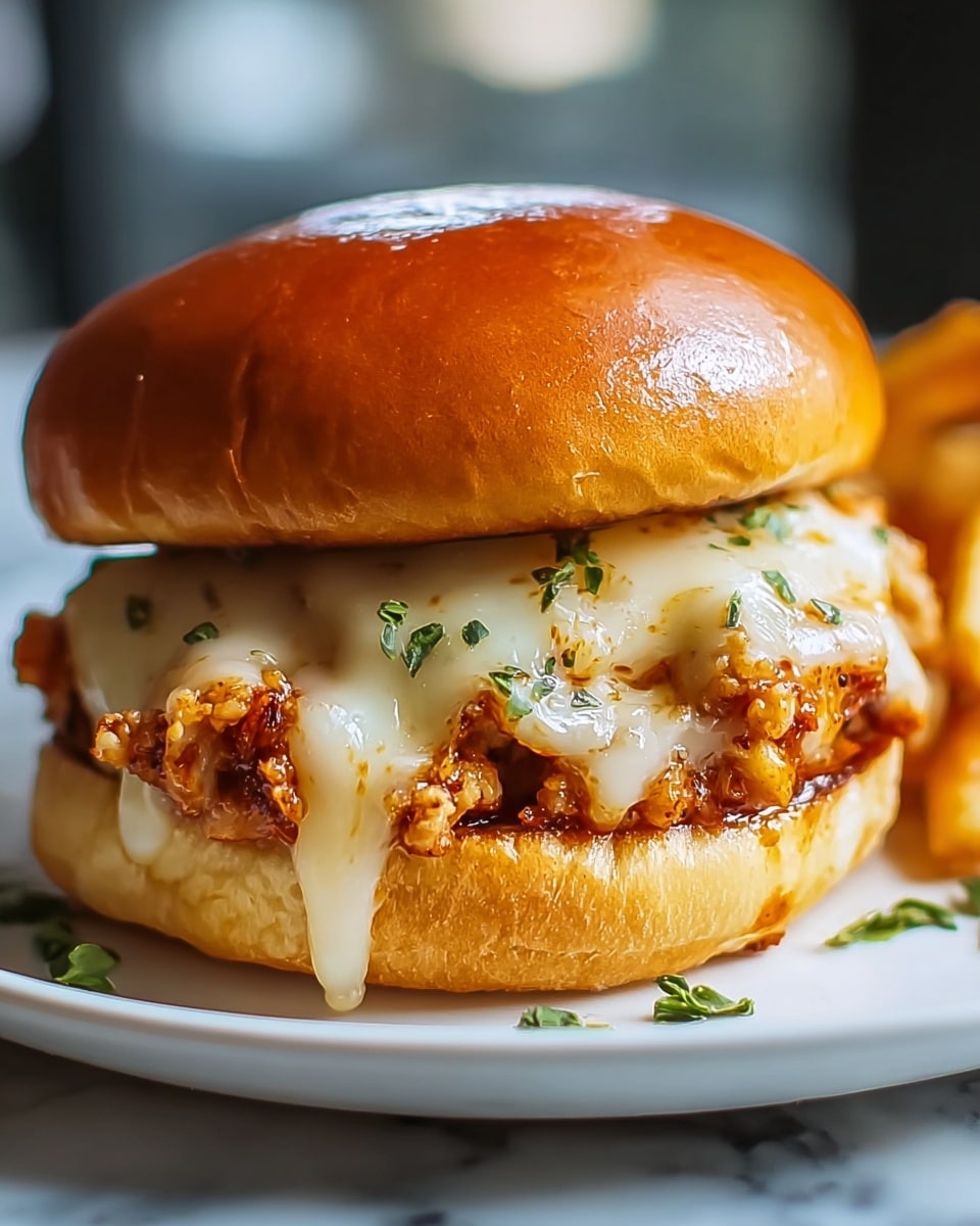 A large white plate featuring a full serving of Southern-style hot chicken sandwich with tender, crispy fried chicken pieces coated in a spicy, reddish-orange batter, topped with melted creamy white cheese and sprinkled with fresh chopped herbs, nestled inside a soft, golden toasted bun, accompanied by a generous portion of crinkle-cut fries arranged around the sandwich, all photographed at a 3/4 angle on a white marble countertop with natural light, professional food styling photo taken with an iphone --ar 4:5 --v 7