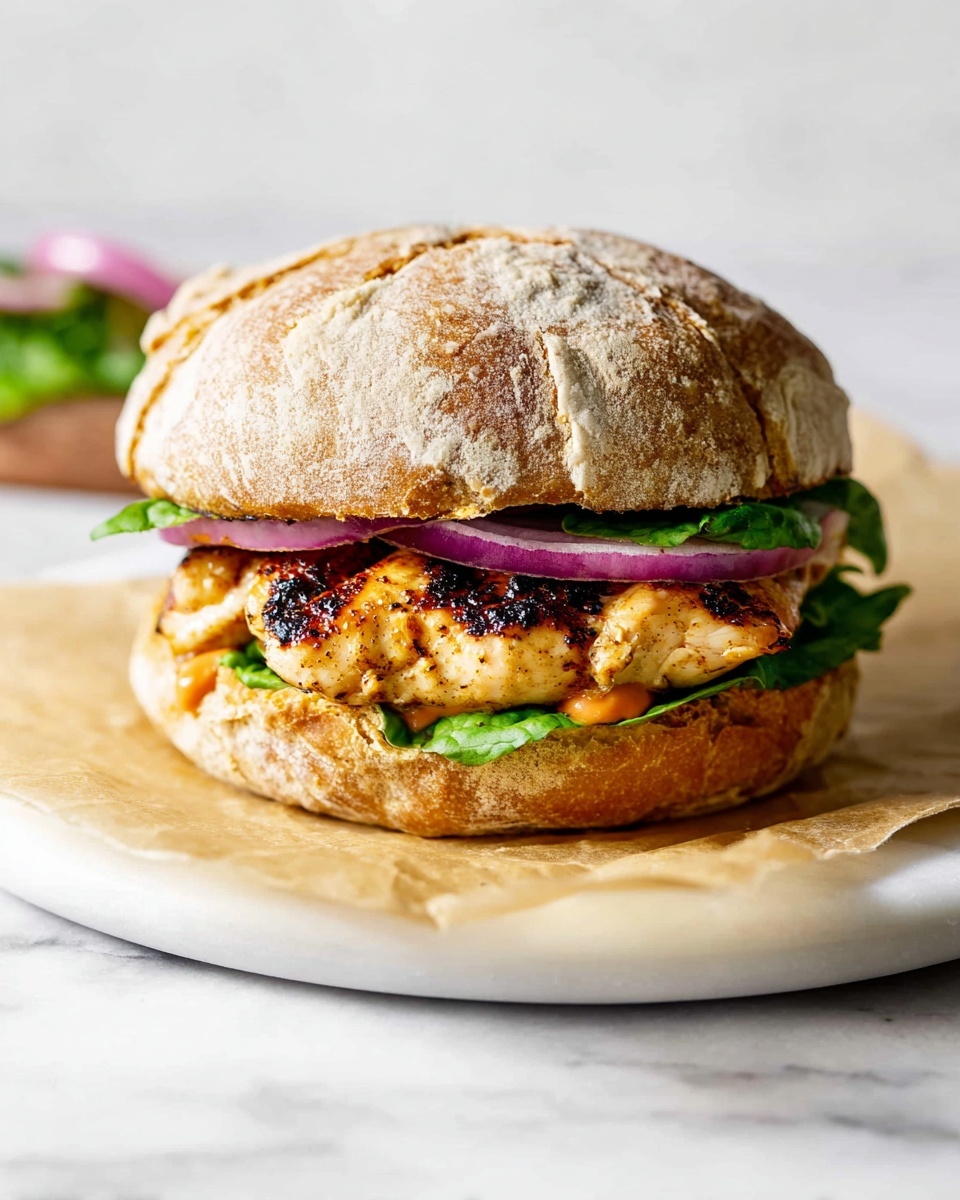 Large white plate featuring a whole grilled chicken sandwich with a rustic, cracked bun, layered with fresh bright green lettuce leaves, perfectly charred golden chicken patty, thick crisp slices of red onion, and a hint of orange sauce peeking out, whole sandwich centered and fully visible, shot at a 3/4 angle on a white marble surface under natural daylight, styled as a premium food magazine hero shot photo taken with an iphone --ar 4:5 --v 7