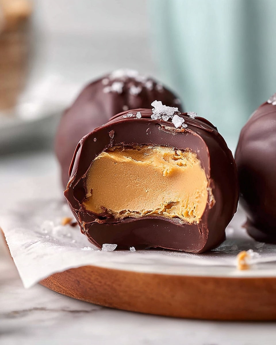 Seven chocolate-covered peanut butter balls arranged on a large white plate, each topped generously with flaky sea salt crystals, the glossy dark chocolate coating shining under natural light, the peanut butter filling hinted beneath the smooth surface, whole dish photographed from a 3/4 angle on a pristine white marble background, styled like a hero shot from a food magazine, photo taken with an iphone --ar 4:5 --v 7