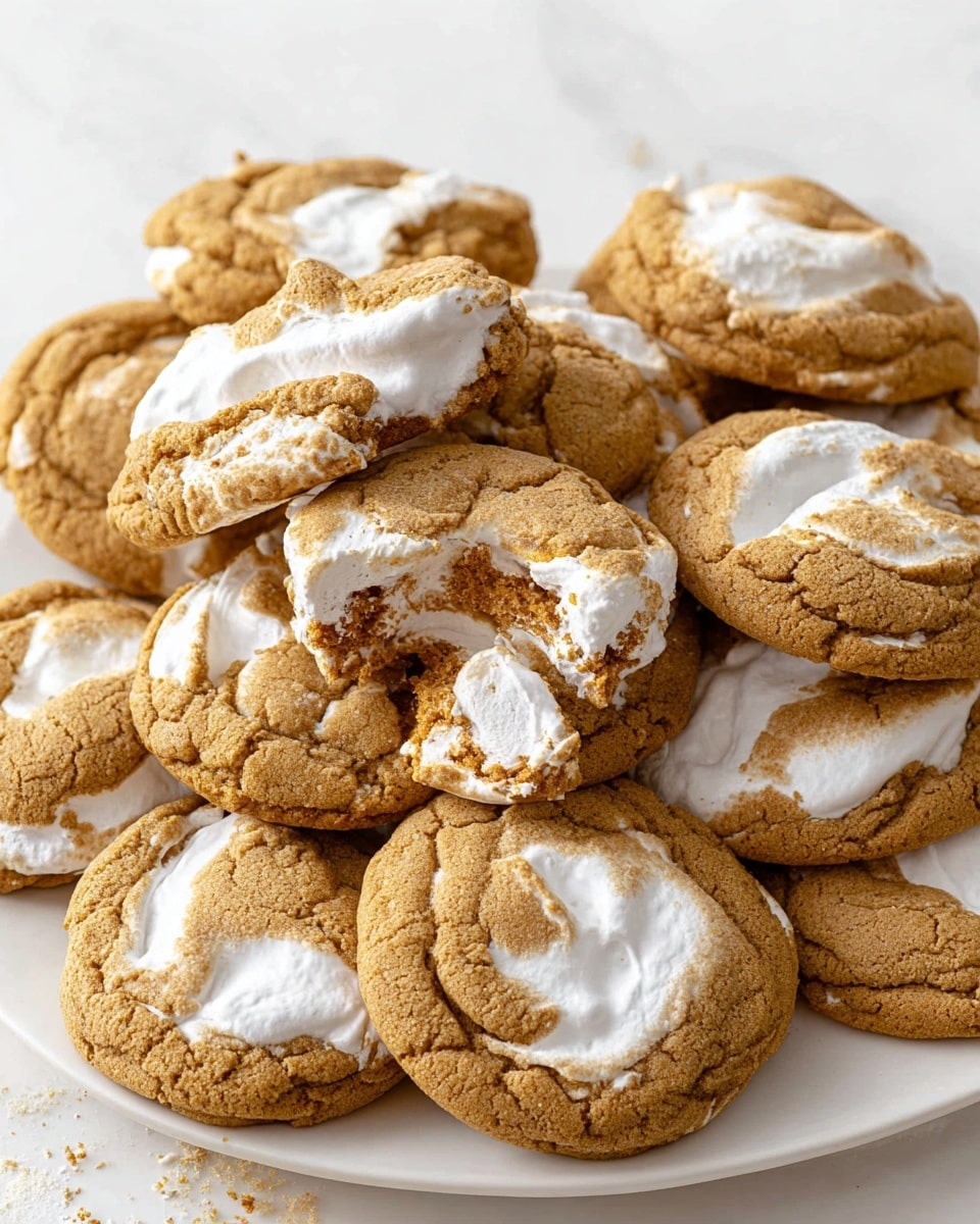 Multiple freshly baked marshmallow-stuffed peanut butter cookies piled together on a large white platter, with golden-brown edges and soft, puffy white marshmallow centers peeking through, presented on a pristine white marble countertop with natural lighting, professional food styling, whole dish visible in an inviting hero shot, photo taken with an iphone --ar 4:5 --v 7