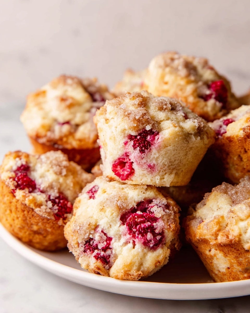 A large white plate heaped with fresh baked raspberry muffins, showcasing golden-brown tops studded with whole raspberries and a delicate crumbly sugar topping, the muffins arranged to present their fluffy, moist interiors bursting with vibrant red raspberry swirls, the entire batch photographed from a 3/4 angle on a white marble countertop with natural lighting, styled professionally like a hero shot from a food magazine, photo taken with an iphone --ar 4:5 --v 7