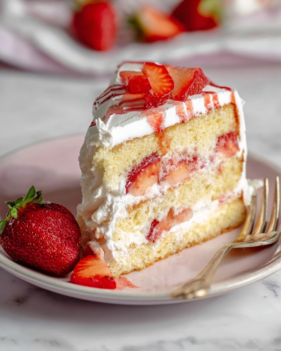 Whole round white frosted cake decorated with a swirl of smooth cream and streaks of strawberry sauce, topped with fresh halved strawberries arranged neatly in a semi-circle, presented on a white cake plate, shot from a close 3/4 angle to capture texture and freshness on a white marble countertop with natural light, professional food magazine hero shot, photo taken with an iphone --ar 4:5 --v 7