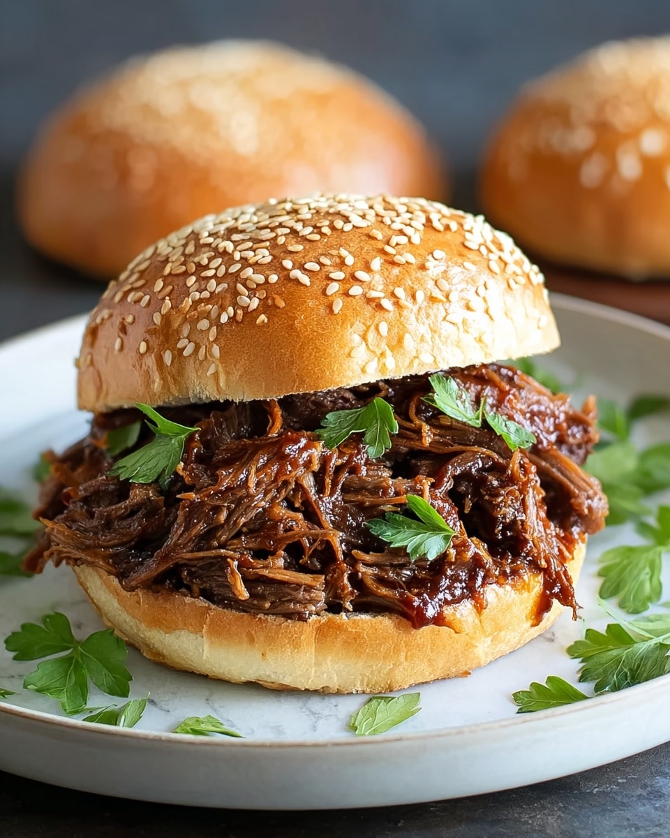 A large white ceramic platter showcasing three whole sesame seed buns piled high with tender, glossy pulled beef drenched in rich barbecue sauce, each sandwich garnished with fresh sprigs of green parsley. The buns are soft and golden brown, complementing the abundant filling, with additional parsley scattered around the platter for a vibrant touch. The entire dish is styled on a white marble countertop, captured in a professional 3/4 angle food magazine hero shot under natural lighting, photo taken with an iphone --ar 4:5 --v 7