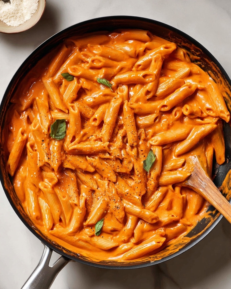 Large black skillet filled with a creamy, rich tomato vodka sauce thoroughly coating an entire batch of penne pasta, the sauce evenly enveloping each piece of pasta in a smooth, vibrant orange-red color, the pan placed on a white marble countertop under natural lighting, showcasing the whole dish from a professional 3/4 angle food magazine hero shot, photo taken with an iphone --ar 4:5 --v 7