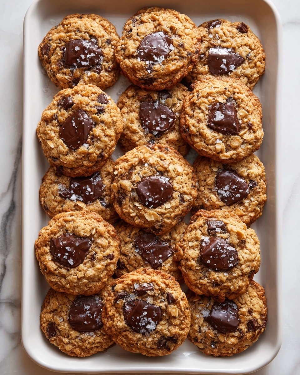 Large white rectangular baking tray filled with a full batch of golden brown oatmeal chocolate chip cookies, each cookie generously studded with large, glossy dark chocolate discs and sprinkled with coarse sea salt crystals on top, arranged neatly in rows covering the entire tray, photographed from a slightly angled overhead view on a white marble countertop with natural lighting, professional food magazine hero shot photo taken with an iphone --ar 4:5 --v 7