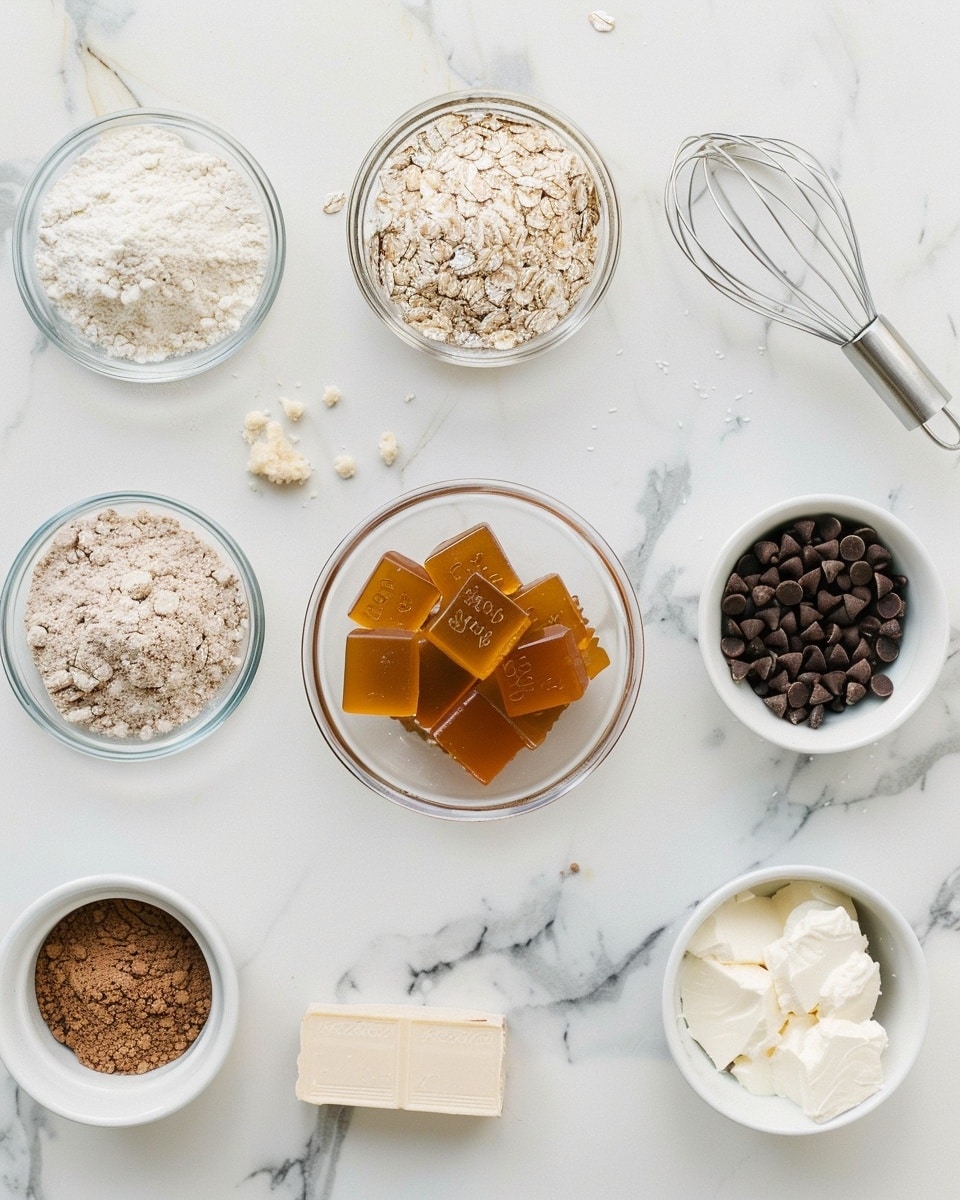 Single white plate holding one thick, square slice of oatmeal caramel bar, close-up angle showing the layers of crumbly oat topping and base, with luscious caramel oozing between the layers and small chocolate chips embedded inside, textured oats visible throughout, natural lighting highlighting the gooey interior and crumbly exterior, set on a white marble surface, styled like a food blog individual serving, photo taken with an iphone --ar 4:5 --v 7
