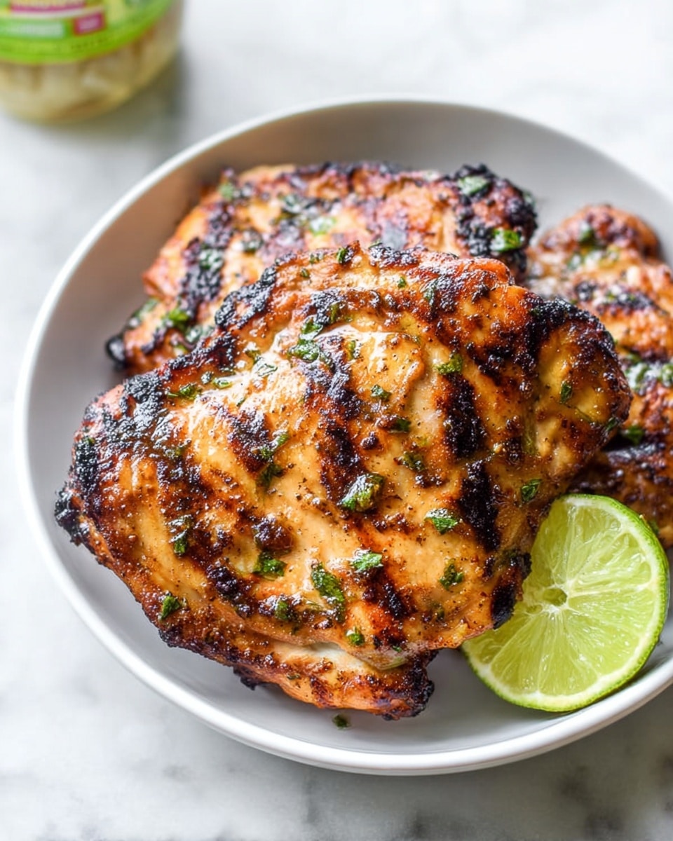 A large white rectangular baking dish filled with multiple pieces of perfectly grilled herb-marinated chicken thighs, showcasing beautiful golden-brown grill marks and a slightly charred finish, garnished with finely chopped fresh herbs scattered evenly on top. The chicken thighs are arranged closely together, highlighting their juicy, tender texture and the savory marinade's glaze, all presented on a white marble background with natural lighting to emphasize the rich colors and appetizing details, professional food styling photo taken with an iphone --ar 4:5 --v 7