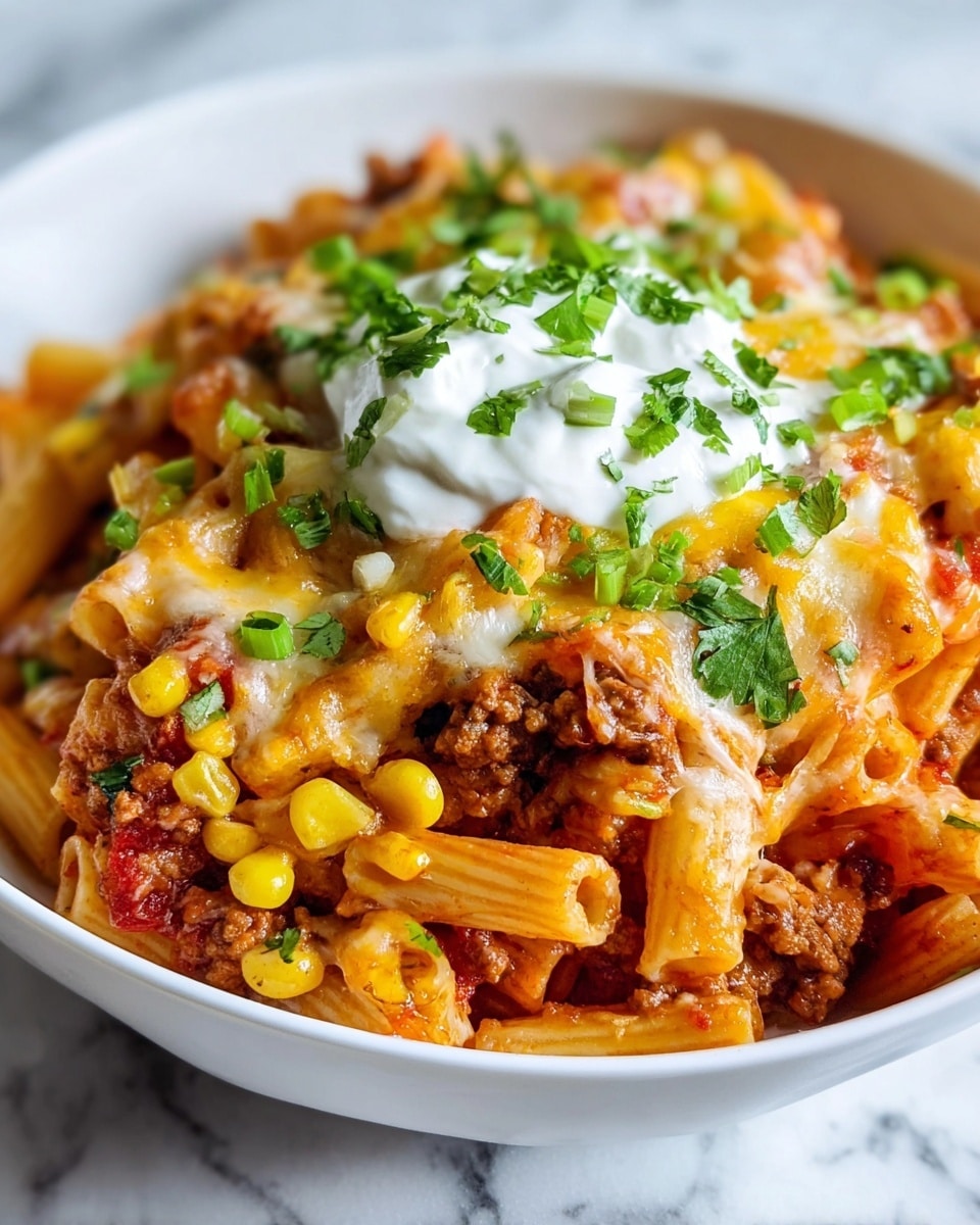 Large white serving bowl filled with a generous portion of taco pasta casserole, featuring rigatoni pasta mixed with seasoned ground meat, black beans, melted cheddar cheese, sweet corn kernels, diced fresh tomatoes, and a dollop of sour cream, all topped with vibrant chopped cilantro and scallions, whole dish photographed from a 3/4 angle on a white marble countertop, natural lighting, professional food styling photo taken with an iphone --ar 4:5 --v 7