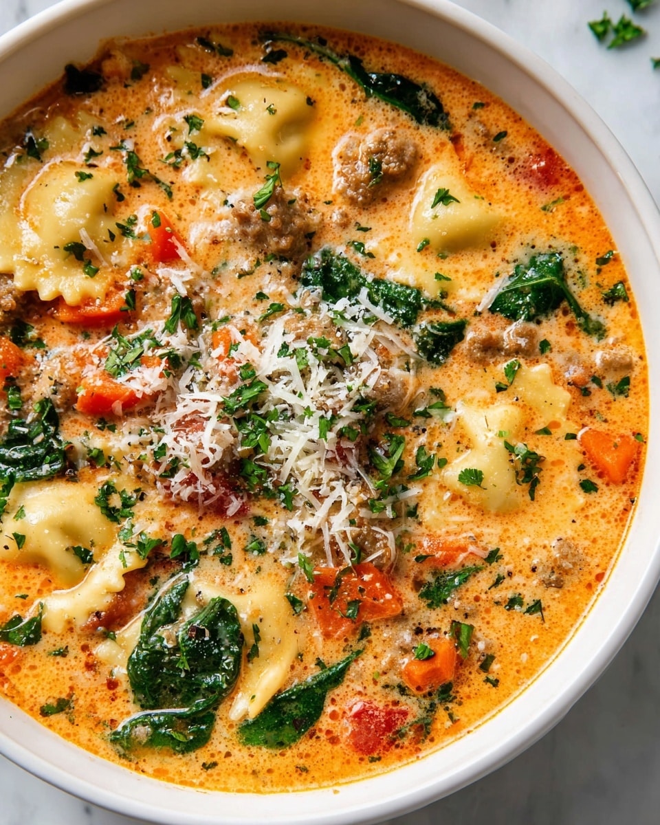 Large white soup tureen filled with creamy Italian sausage ravioli soup, showing whole ravioli pasta in rich, orange-hued broth with chunks of cooked Italian sausage, diced carrots, fresh spinach leaves, and diced tomatoes, topped with a generous layer of grated Parmesan cheese and freshly chopped parsley, photographed from a 3/4 angle on a white marble background with natural lighting, styled as a professional food magazine hero shot, photo taken with an iphone --ar 4:5 --v 7