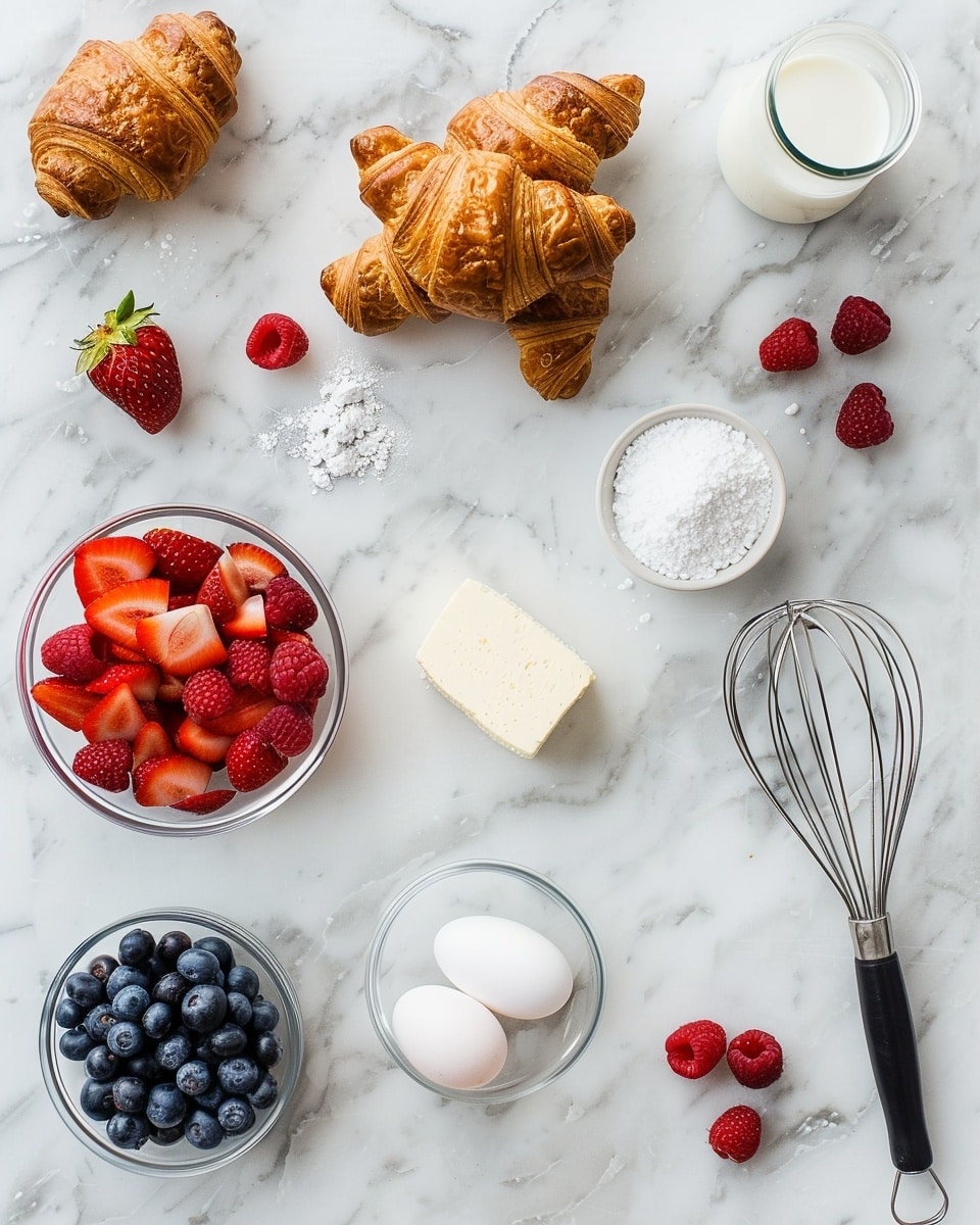 Single white plate showcasing one plated serving of baked bread pudding with mixed berries including raspberries, strawberries, and blueberries, close-up angle revealing the soft, custardy interior textured with golden, slightly crisp edges, dusted lightly with powdered sugar, fresh juicy berries on top adding vibrant color contrast, set against a white marble surface with natural lighting, styled like a cozy food blog photograph, photo taken with an iphone --ar 4:5 --v 7