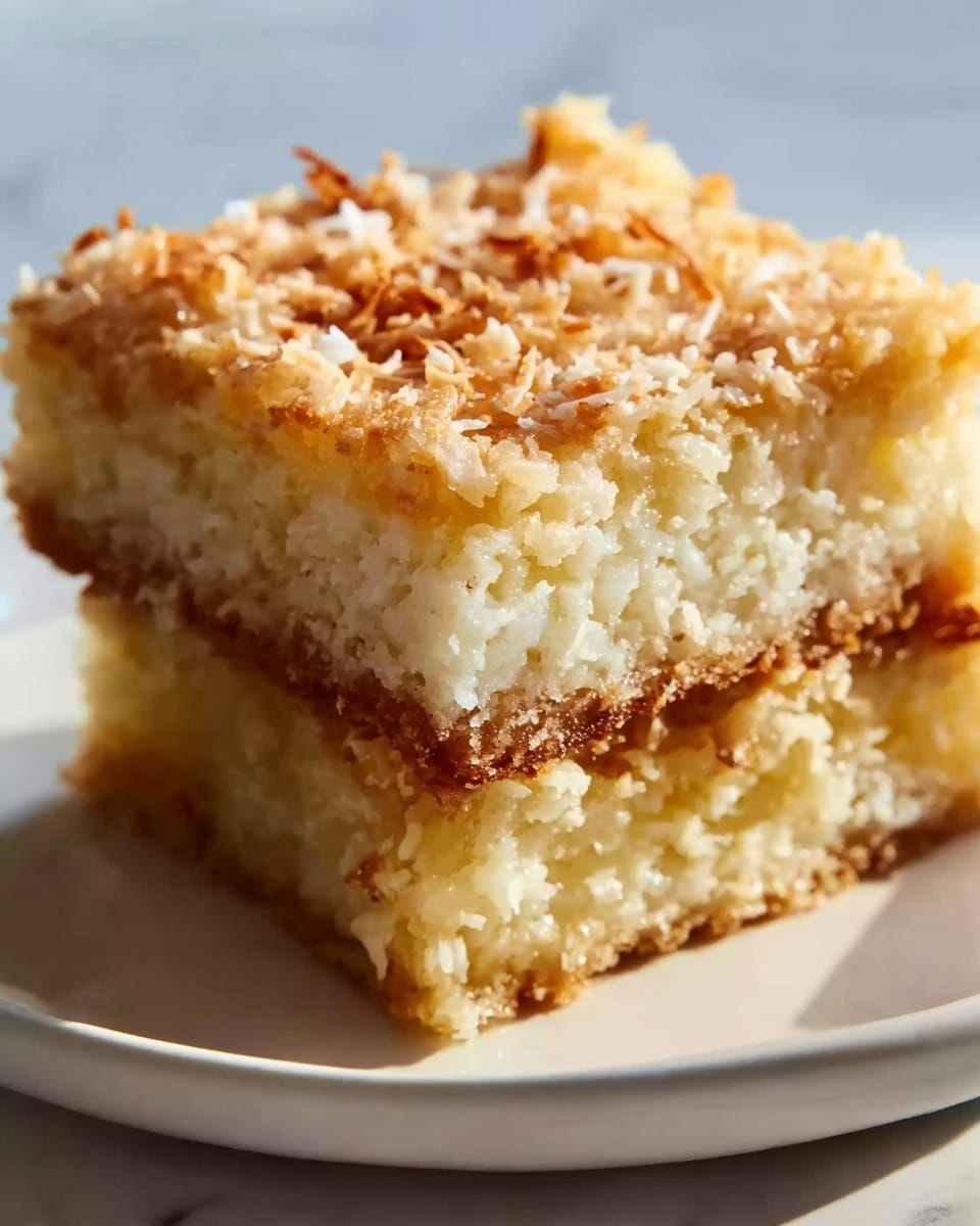 Large white rectangular baking dish filled with a freshly baked coconut bar dessert, showcasing a thick, golden crust layered with a dense, moist coconut filling topped with a delicate, slightly toasted coconut crumb layer, all neatly set to display the entire uncut bar, photographed from a 3/4 angle on a white marble countertop with natural lighting, styled as a professional food magazine hero shot, photo taken with an iphone --ar 4:5 --v 7