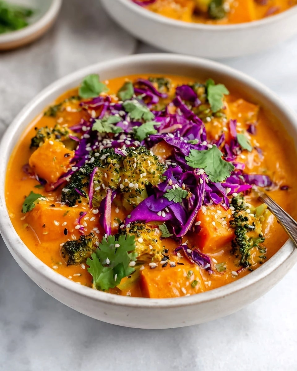 Large white serving bowl filled with creamy, rich orange curry packed with vibrant chunks of sweet potato and tender broccoli florets, topped generously with shredded purple cabbage and sprinkled with chopped fresh cilantro and toasted sesame seeds, presented as a complete, unbroken serving of wholesome vegetable curry on a white marble surface with natural lighting, styled as a professional food magazine hero shot, photo taken with an iphone --ar 4:5 --v 7