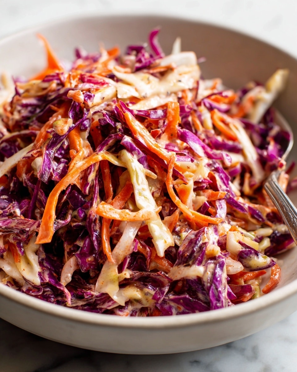 Large white bowl filled with a vibrant, fresh coleslaw salad, showcasing crisp shredded purple and green cabbage, finely julienned carrots, all lightly coated in a creamy, spiced dressing, the whole dish presented with natural textures and colors, photographed from a 3/4 angle on a white marble countertop under natural lighting, professional food magazine style photo taken with an iphone --ar 4:5 --v 7