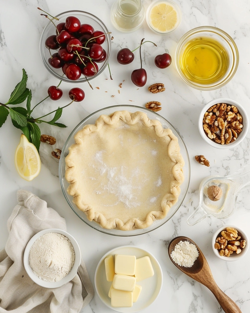 Single slice of cherry crumble pie on a white plate, showcasing vibrant ruby cherries beneath a golden, crumbly walnut topping and a flaky, buttery crust, with a scoop of vanilla ice cream melting slightly on top, angled close-up view highlighting juicy cherry filling and textured nuts, all set on a white marble surface with natural light, styled like a food blog serving photo taken with an iphone --ar 4:5 --v 7