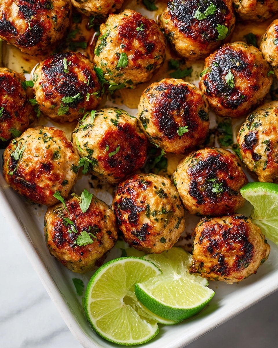 Large white baking tray filled with a full batch of golden-brown baked chicken meatballs studded with fresh green herbs, arranged evenly with slight charring on the surface for a crispy texture, garnished with lime wedges on the side, whole dish photographed from a 3/4 angle on a white marble countertop in natural light, professional food styling photo taken with an iphone --ar 4:5 --v 7