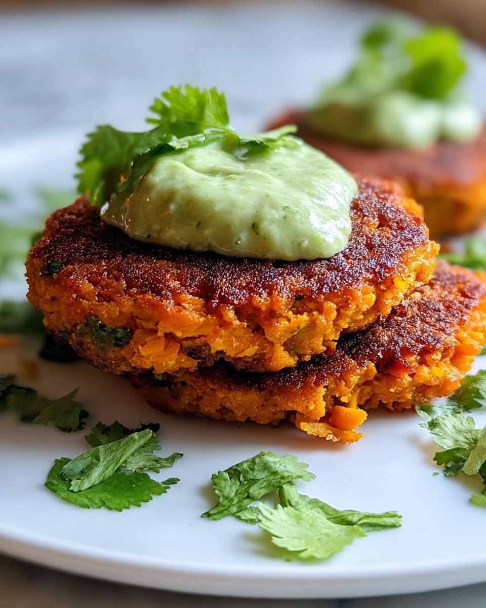 White round plate filled with a stack of golden-brown sweet potato patties, each thick and crispy on the outside with visible bits of herbs and spices inside, topped generously with a creamy green avocado cilantro sauce, accompanied by small white ramekins filled with extra avocado sauce and fresh cilantro leaves, entire dish presented on a white marble surface with natural lighting, professional 3/4 angle food magazine hero shot, photo taken with an iphone --ar 4:5 --v 7